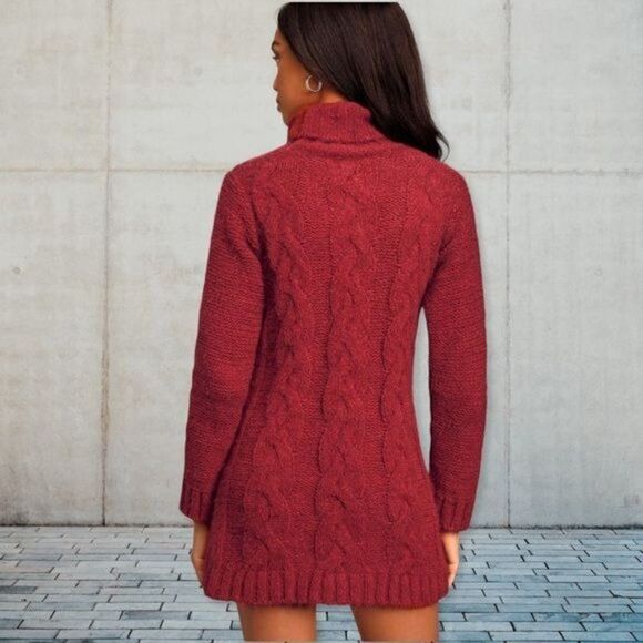 Lulu’s Joyous Cable Knit Turtleneck Sweater Dress Red Maroon Medium - Picture 2 of 12